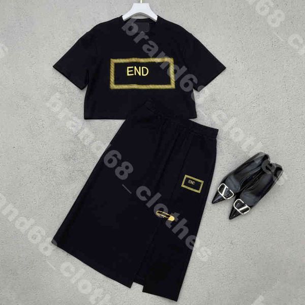 

designer simple skirt and set women short sleeve shirt high waist skirts gold pin luxury logo aaa cotton dress shirt stamping logo ver..ce b, Black