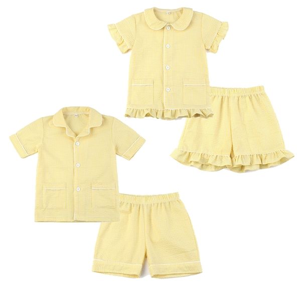 kids clothing 100% cotton summer short sleeve pajamas seersucker girls sleepwear 220426, Blue;red
kids clothing 100% cotton summer short sleeve pajamas seersucker girls sleepwear 220426, Blue;red