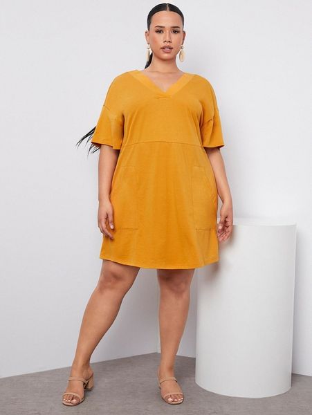 plus drop shoulder patch pocket dress t2mx#, Black