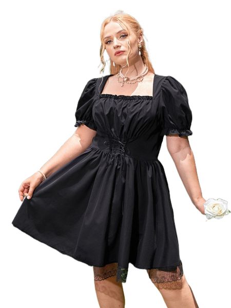 plus frilled square neck puff sleeve contrast lace lace-up front dress a6ll#, Black
plus frilled square neck puff sleeve contrast lace lace-up front dress a6ll#, Black