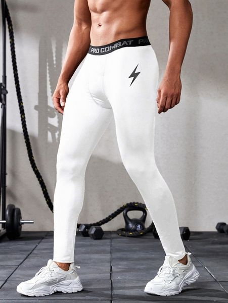 men lightning print contrast letter tape sports tights l4a6#, Black