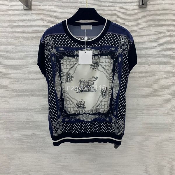 women's t-shirt hanhai sailboat wave dot print elastic satin silk fabric stitching knitted round neck top, White
women's t-shirt hanhai sailboat wave dot print elastic satin silk fabric stitching knitted round neck top, White