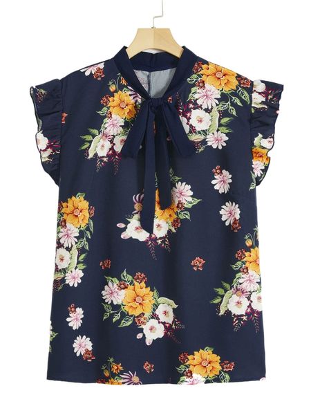 plus floral print tie neck blouse m4kz#, Black