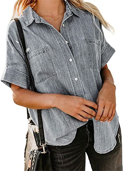 & tees women denim casual button down shirt v neck shorts sleeves shirts denim, White
& tees women denim casual button down shirt v neck shorts sleeves shirts denim, White