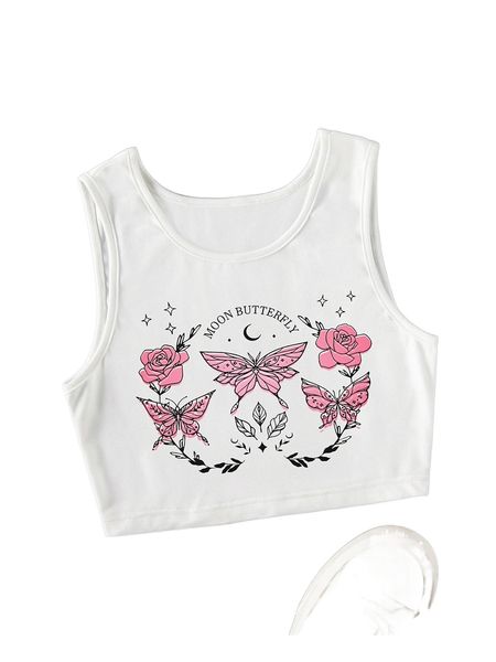 floral & butterfly print crop tank e8km#, White
floral & butterfly print crop tank e8km#, White