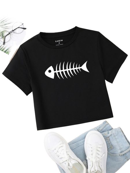 fish skeleton round neck tee c1ov#, White
fish skeleton round neck tee c1ov#, White