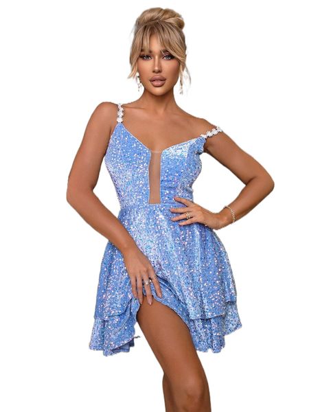 joyfunear contrast mesh sequin layered hem cami dress 52rx#, Black;gray
joyfunear contrast mesh sequin layered hem cami dress 52rx#, Black;gray