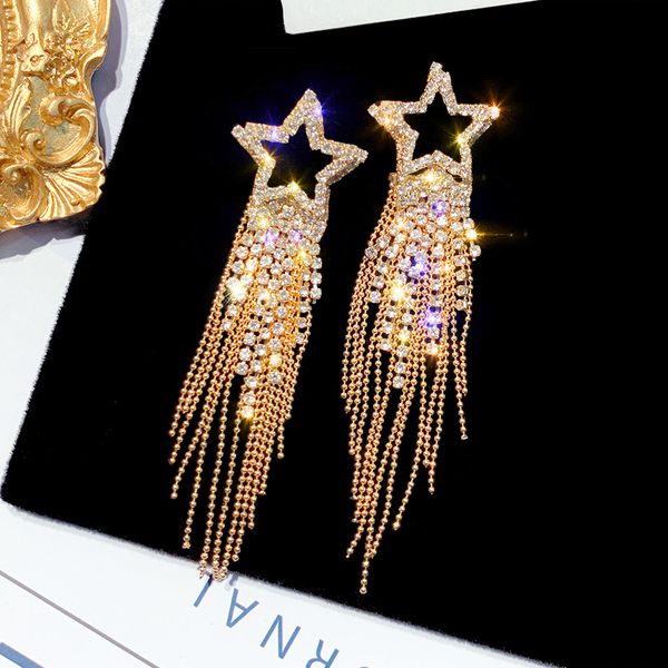 european and american exaggerated dangle five-pointed star long tassel earrings temperament super flash diamond jewelry women, Silver
european and american exaggerated dangle five-pointed star long tassel earrings temperament super flash diamond jewelry women, Silver