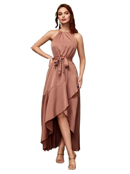 solid belted ruffle wrap hem halter dress e3c2#, Black;gray