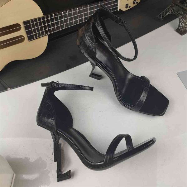 designer high heels fashion yslity sandals leather women shoes letters hr, Black