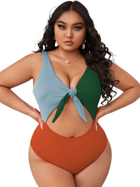 plus colorblock knot front cut out one piece swimsuit n0ul#, White;black
plus colorblock knot front cut out one piece swimsuit n0ul#, White;black