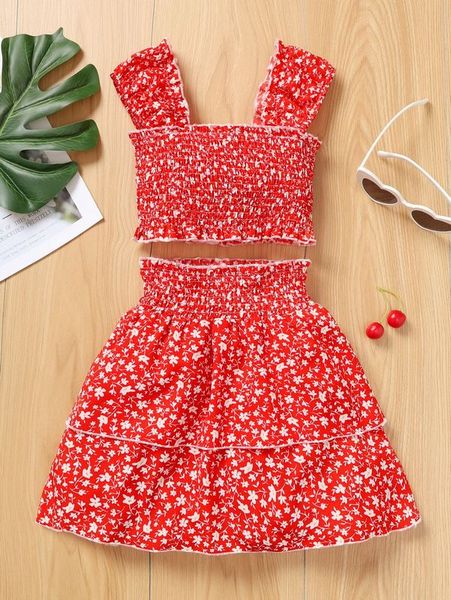 girls ditsy floral print shirred & skirt she, White 
girls ditsy floral print shirred & skirt she, White