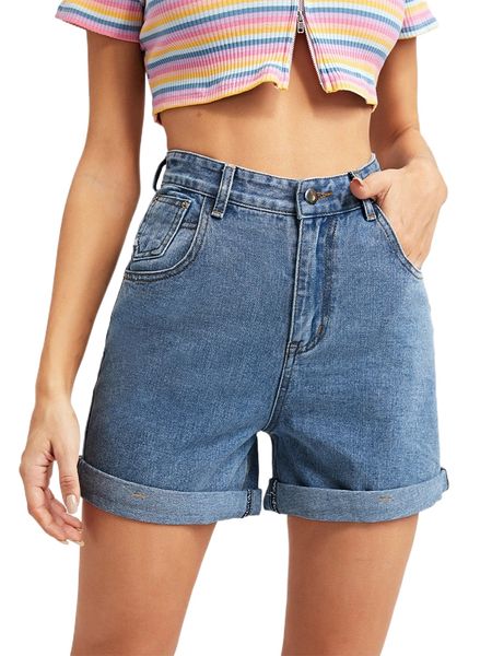 turn up hem solid denim shorts j6sm#, White;black
