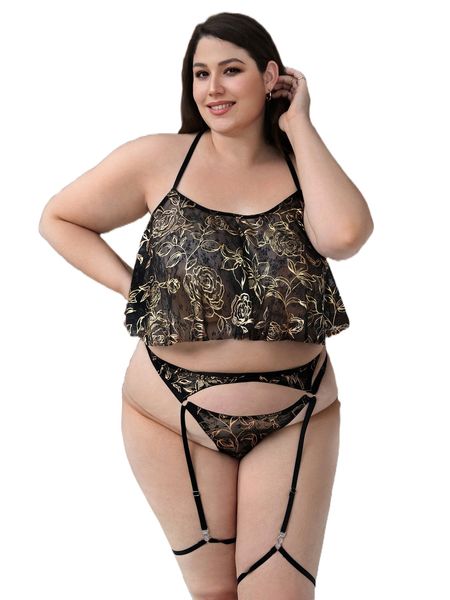 plus 4pack floral pattern crisscross back lingerie set with leg rings m6yy#, Black;white
plus 4pack floral pattern crisscross back lingerie set with leg rings m6yy#, Black;white