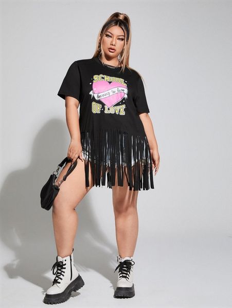 plus heart & slogan graphic fringe hem tee 46qc#, Black 
plus heart & slogan graphic fringe hem tee 46qc#, Black