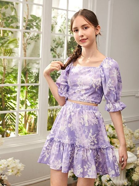 teen girls square neck floral print flounce sleeve crop & frill trim ruffle hem skirt she, White
teen girls square neck floral print flounce sleeve crop & frill trim ruffle hem skirt she, White