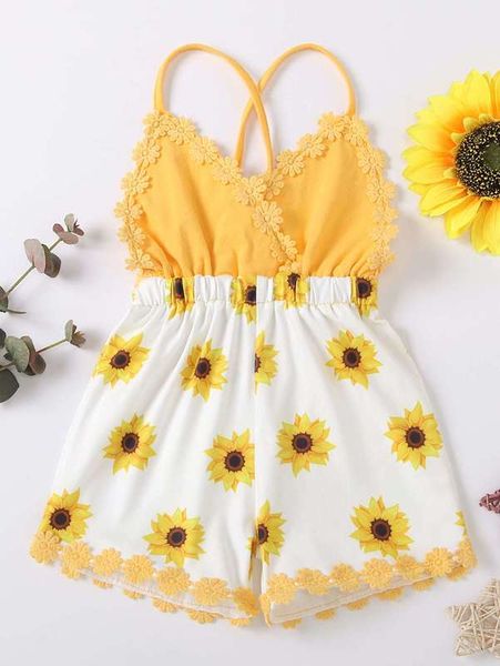 toddler girls sunflower print appliques cami romper she, Blue
