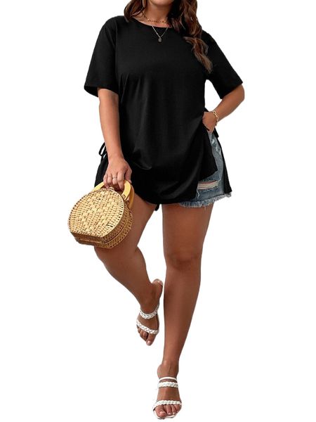 plus solid split hem tee j5bg#, Black
