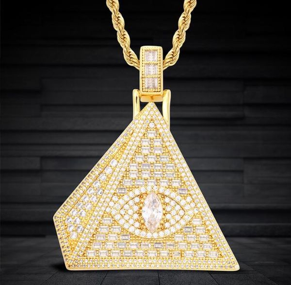 

hip hop aaa cz stone paved bling iced out solid illuminati god eye pyramid masonic pendants necklace for men rapper jewelry, Silver