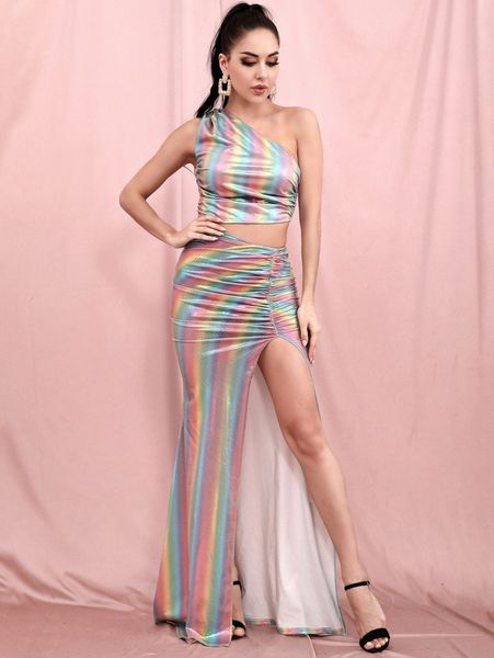 love&lemonade rainbow stripe cutout ruched split thigh dress 07mr#, Black;gray
love&lemonade rainbow stripe cutout ruched split thigh dress 07mr#, Black;gray