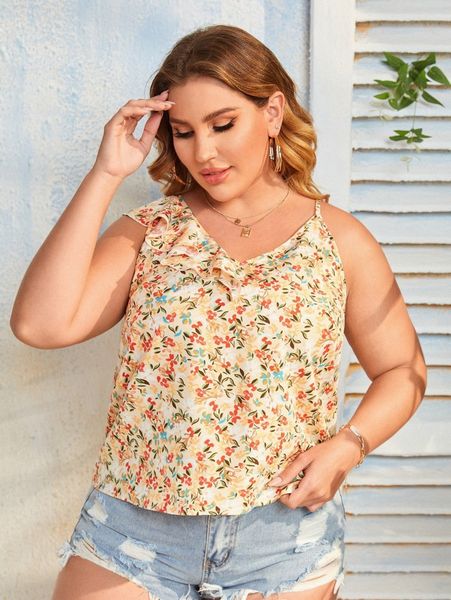 plus allover floral print asymmetrical neck ruffle trim e7tx#, Black 
plus allover floral print asymmetrical neck ruffle trim e7tx#, Black