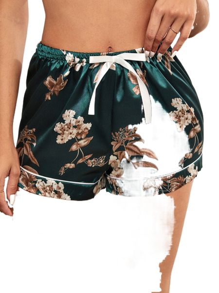 floral print contrast piping knot front satin sleep shorts 18tj#, Black;red 
floral print contrast piping knot front satin sleep shorts 18tj#, Black;red