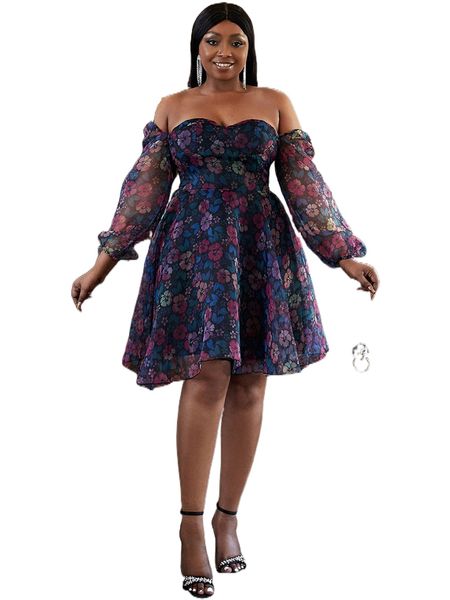 seomiscky plus floral print off shoulder lantern sleeve mesh dress e0si#, Black