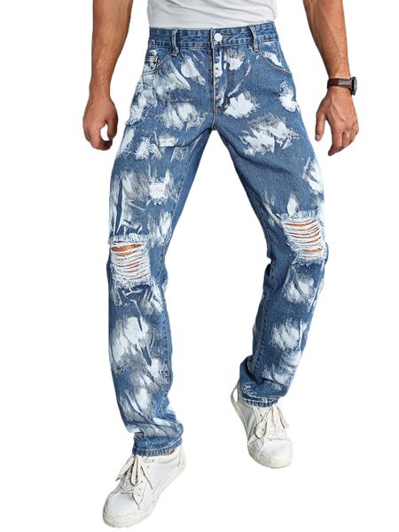 men graphic print ripped straight leg jeans 458s#, Blue