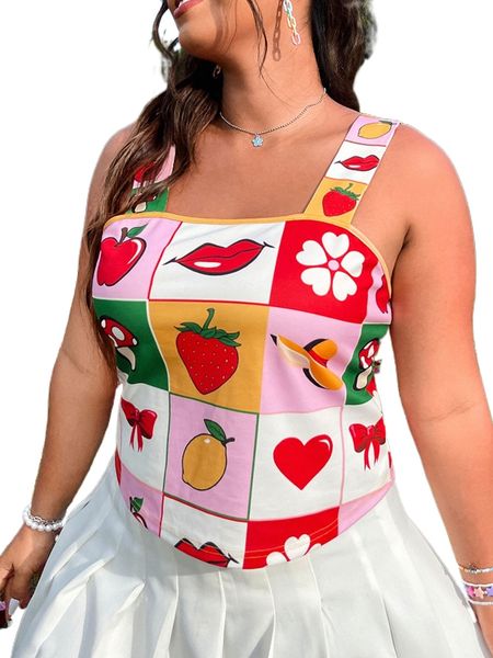 plus fruit & bow print cami h2rn#, Black