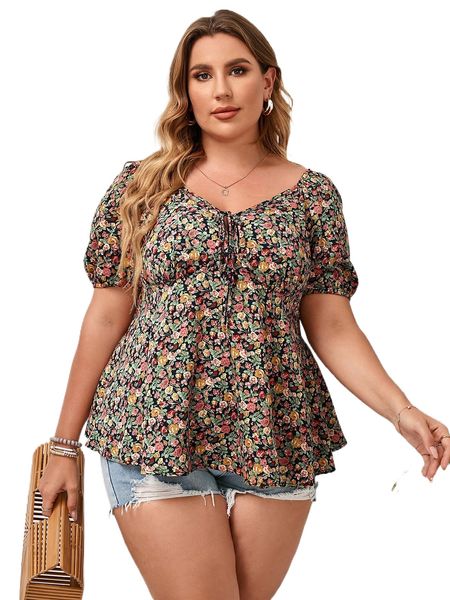 plus allover floral print tie front puff sleeve shirred peplum blouse x1c6#, Black
plus allover floral print tie front puff sleeve shirred peplum blouse x1c6#, Black