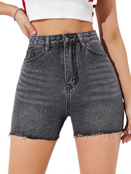 high waist raw hem denim shorts c41e#, White;black