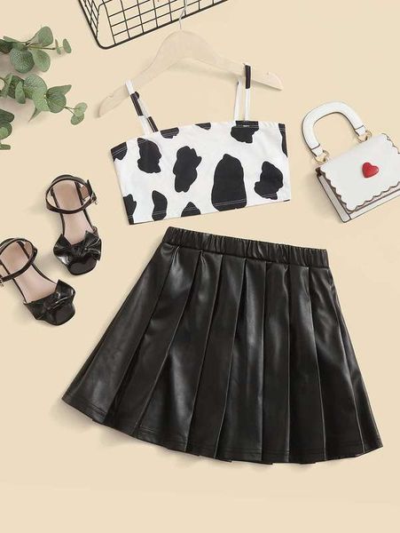 girls cow print crop cami & pu leather pleated skirt she, White