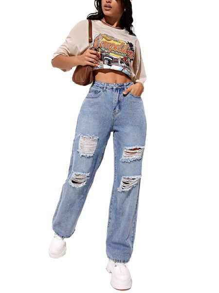 high waist ripped straight leg jeans r9r9#, Blue
high waist ripped straight leg jeans r9r9#, Blue