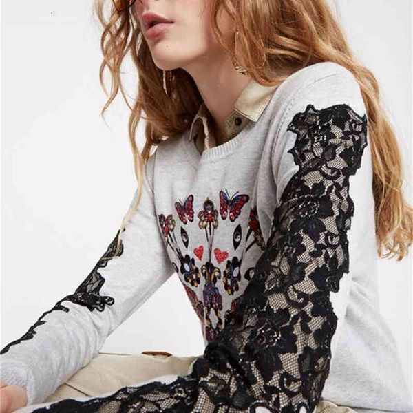 women's knits tees original foreign trade order spain d family printed lace splicing thin sweater high quality, White
women's knits tees original foreign trade order spain d family printed lace splicing thin sweater high quality, White