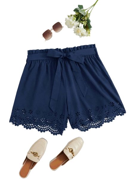 plus laser cut paper bag waist belted shorts z802#, Black