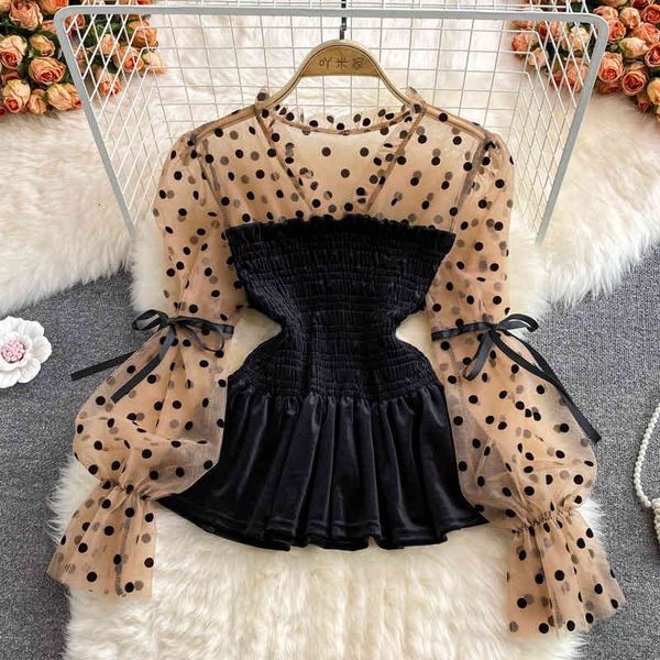 women's blouses shirts korean velvet stitching polka dot lantern sleeve v-neck shirt women's autumn style temperament ruffle edge, White
women's blouses shirts korean velvet stitching polka dot lantern sleeve v-neck shirt women's autumn style temperament ruffle edge, White