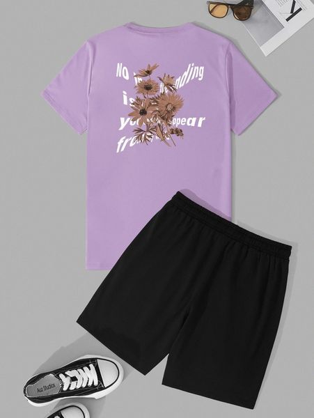 men floral & slogan graphic tee & drawstring waist shorts r5j5#, Gray 
men floral & slogan graphic tee & drawstring waist shorts r5j5#, Gray