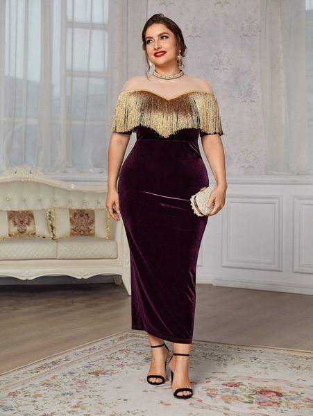 plus sheer mesh yoke fringe detail velvet dress m8n2#, Black 
plus sheer mesh yoke fringe detail velvet dress m8n2#, Black