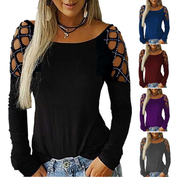 women's round neck iron drill hollow out long sleeve t-shirt in autumn and winter of 2022, White
women's round neck iron drill hollow out long sleeve t-shirt in autumn and winter of 2022, White