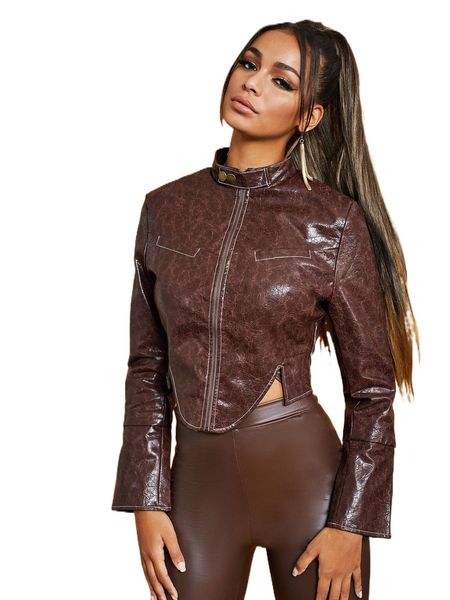 decorative pocket zip up pu leather moto jacket h35t#, Black;brown 
decorative pocket zip up pu leather moto jacket h35t#, Black;brown