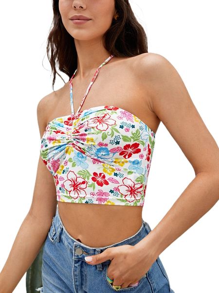 floral print drawstring tie backless crop halter j0pd#, White 
floral print drawstring tie backless crop halter j0pd#, White