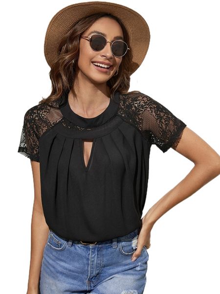 contrast lace sleeve cutout 48vz#, White
contrast lace sleeve cutout 48vz#, White