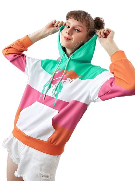 x equris feather print colorblock drop shoulder hoodie m5l4#, Black 
x equris feather print colorblock drop shoulder hoodie m5l4#, Black