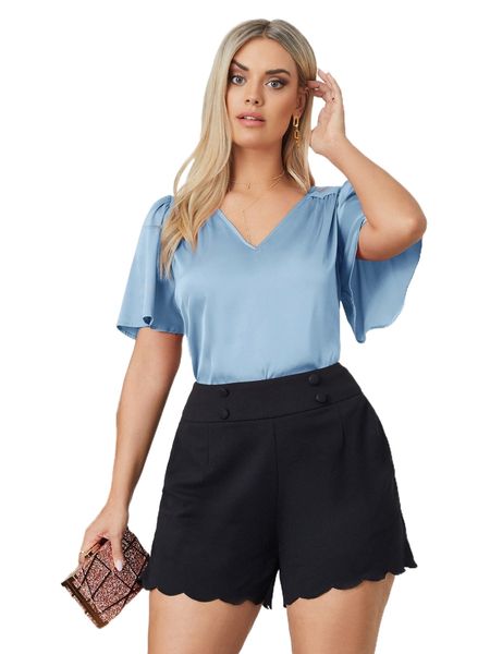 plus lace insert butterfly sleeve blouse u9t9#, Black