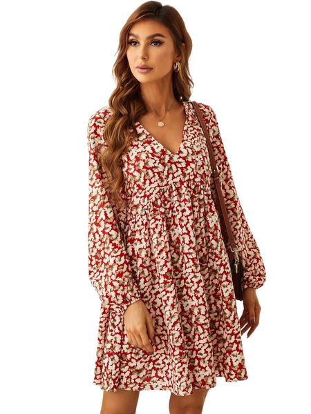 allover floral print lantern sleeve dress w2gg#, Black;gray 
allover floral print lantern sleeve dress w2gg#, Black;gray