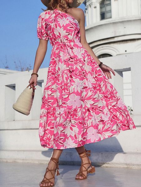 one shoulder floral print ruffle hem dress v2z7#, Black;gray
