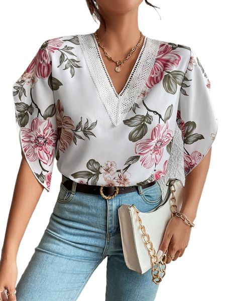 guipure lace panel petal sleeve blouse i80p#, White 
guipure lace panel petal sleeve blouse i80p#, White