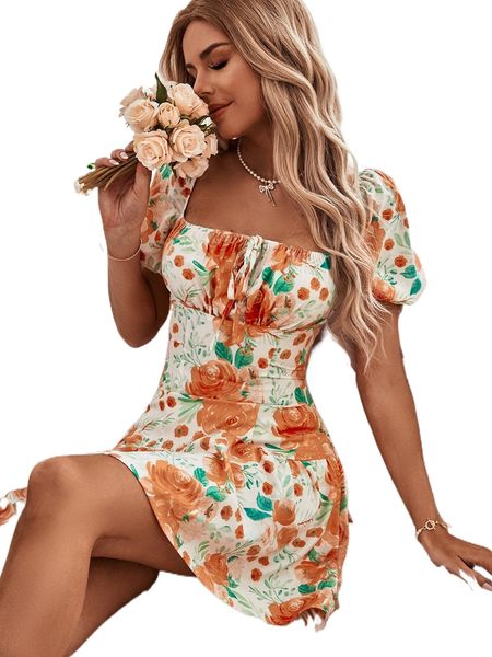 random floral print lace up back square neck puff sleeve dress w1t1#, Black;gray
random floral print lace up back square neck puff sleeve dress w1t1#, Black;gray