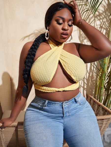 plus crisscross tie backless halter 66lx#, Black
plus crisscross tie backless halter 66lx#, Black