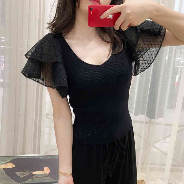 women's sweaters summer women's v-neck slim fitting stitching lace sleeves niche design thin ice silk knit xr, White;black
women's sweaters summer women's v-neck slim fitting stitching lace sleeves niche design thin ice silk knit xr, White;black